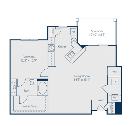 Floor plan for 1 bed, 1 bath, 1029 sqft